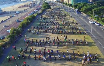 Hundreds of motorbikes parked on the beach lawns