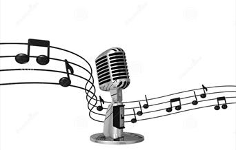 Silver microphone with musical notes surrounding it.