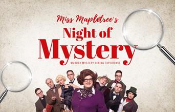 Night of Mystery poster with images of the Murder Mystery cast and Miss Mapletree in a purple outfit.