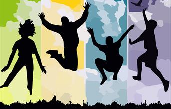 Children being active and jumping.  Green, yellow, blue and purple behind the children.