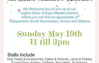 Hutton Moor Makers Market poster with bright bunting and event details.