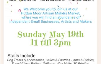 Hutton Moor Makers Market poster with bright bunting and event details.