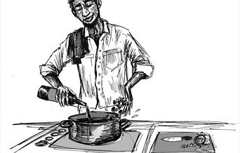 A pen sketch of a man cooking