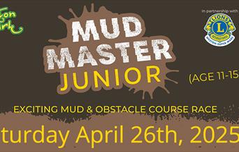 Brown poster advertising the Puxton Park Junior Mud Master event featuring two inset circular photos from the adult event