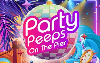 Party peeps poster in bright colours with large disco ball in pinks.