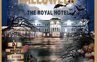 The royal hotel in the background with spooky trees and pumpkins on the sides. The text is white with the date and price. With signs on the left of wh