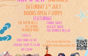 Image of a poster of a beach background. Orange and pink writing describing the acts of Weston Super Bare! Introducing dates and acts and 5th of July
