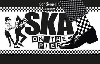 Ska on the pier poster in black and white with people dancing and SKA clothing.