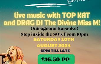 featuring the one and only Divine Miss M drag DJ, spinning the hottest tracks and setting the lawns on fire   live music by Top Kat party band , enjoy