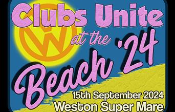 A poster promoting a VW event at Weston-super-Mare beach featuring the VW badge