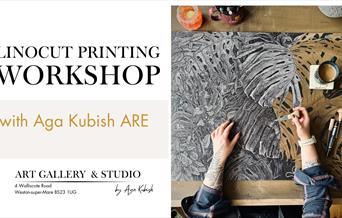 Poster for event with a photo of a person cutting out lino.
