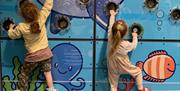 Mini climbing wall with 2 girls climbing