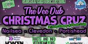 Largely purple poster advertising the Christmas Vee Dub Cruz for VW vehicles decorated in Christmas lights driving around Clevedon, Portishead and Nai