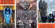 Three separate photographs depicting a giant sculpture made out of confiscated knives