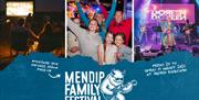 Blue poster featuring three photos to advertise the Mendip Family Festival. One picture features people sitting in deckchairs in the glow of a campfir