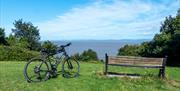 A bike and a bench overlooking a sea view