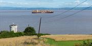 A container ship out at sea with fields and a tower in the foreground