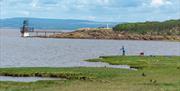 A man fishing off a grass bank on an estuary