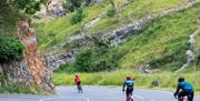 Three cyclists ride down a road in the centre of a gorge