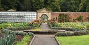 View across a garden with a path and flower bed in the middle with the path leading towards an arch attached to a greenhouse