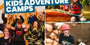 Three image collage - largest image shows group of boys and girls smiling with hands up in the air, sat under a canva tent. Second image on top right