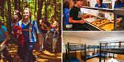 Three image collage - teenage girls walking through woodland, teenage boy where cap waiting to be served his food by a Mendip team member, photo of a