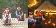 Image split into two - left side shows two girls on zibob toboggans riding down a dry slope with santa hats on and snow falling. Image on the right sh