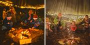 Image split into two - left side shows kids and a mum toasting marshmallows around a campfire, underneath a raised tent canopy, illuminated by fairy l