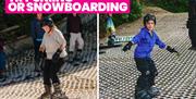 Bold text at top of image says Try Skiing or Snowboarding. Left side shows middle-aged women skiing, wearing black helmet and black gloves. Skiers in