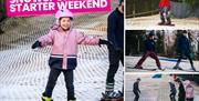 Children and adults learning to ski and snowboard at Mendip Activity Centre's Snowsports Starter Weekend.