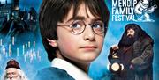 Harry Potter-themed poster with characters and "Mendip Family Festival" Yeti playing guitar logo and text.