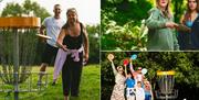 Frisbee Golf Open Weekend at Mendip Activity Centre. The collage features people of all ages playing disc golf, including a woman throwing a frisbee,