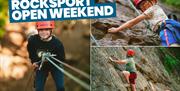 Rocksport Open Weekend promotional image featuring people rock climbing and abseiling at Mendip Activity Centre.