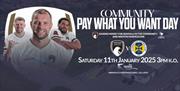 A photo of three Weston-super-Mare FC footballers inserted onto the club crest on a poster advertising the club's community pay what you want annual m