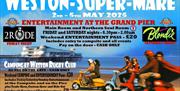 Three Vespa-style scooters racing along the sandy beach at Weston-super-Mare with the Grand Pier in the background on a flyer publicising the National