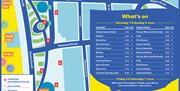 A map in blue, yellow white and green showing the venues for Whirligig 2025 in Weston-super-Mare