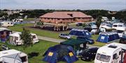 Aerial view of the Northam Farm campsite with toilet and shower block