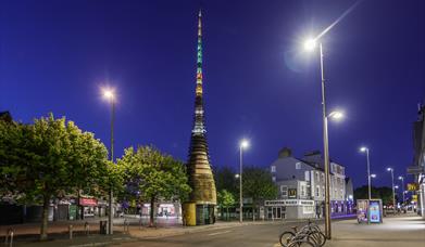 Weston-super-Mare's Silica tower, or Carrot, as it is known locally lit up at night