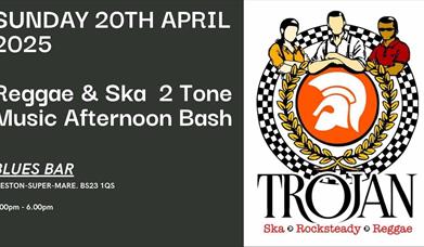 A black and white flyer with a cartoon style graphic advertising a Reggae & Ska 2Tone music afternoon at the Blues Bar, Weston-super-Mare