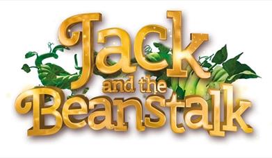 A poster written in gold featuring the words Jack and The Beanstalk to advertise a pantomime in Clevedon