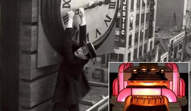 Black and white image showing 1920s film star Harrold Lloyd hanging from the hand of a big street clock while inset there's an image of an Odeon Cinem