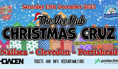Poster with snow and presents advertising the Vee Dub Christmas Cruz through Nailsea, Portishead and Clevedon