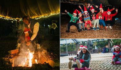 Image split in three. Left: two people roasting marshmallows, top right: a family at the campfire, bottom right: three twilight tobogganers going down