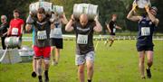 Four race competitors carrying heaving beer barrels on their backs or shoulders