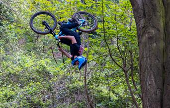 Bike rider upside-down as he tackles one of the jumps at the Sand Bay Dirt Jump track at Kewstoke