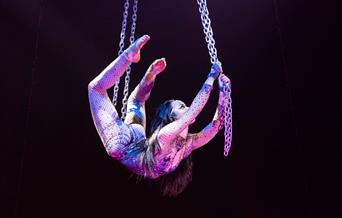 A female circus performer suspended in the air from two chains