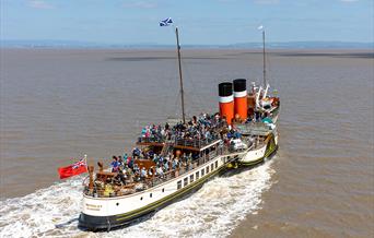 Aerial view of a paddle steamer at sea