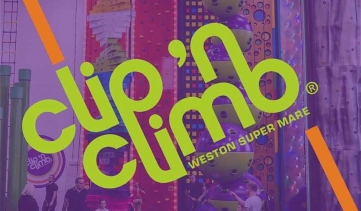 Poster with Clip 'n Climb in green with purple background