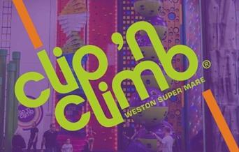 Poster with Clip 'n Climb in green with purple background