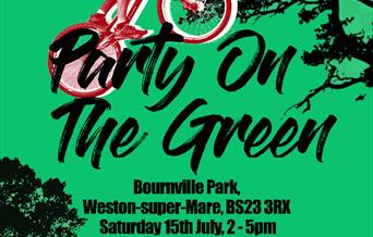 Green poster featuring a mountain biker advertising Party on The Green